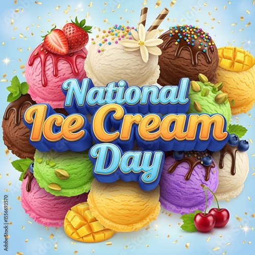 Festive National Ice Cream Day Celebration Featuring an Array of Colorful Ice Cream Scoops and Cheerful Confetti Decorations