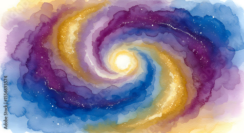 Vibrant watercolor galaxy with swirling colors of purple, blue, yellow, and gold, depicting a cosmic scene filled with stars and nebulae, perfect for space and art themes
