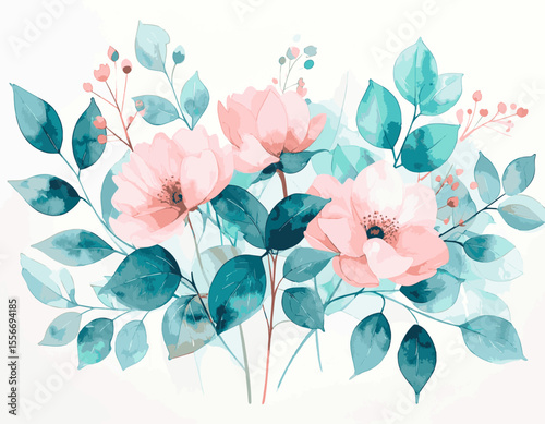 Elegant Watercolor Pink and Teal Floral Bouquet Painting