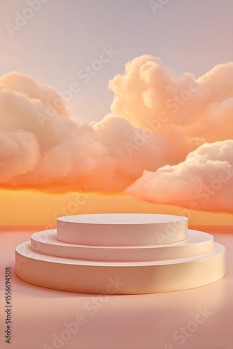 Sunset fantasy podium with soft clouds and orange glow
