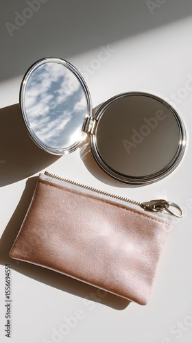 Cosmetic pouch and mirror on white surface with shadows
