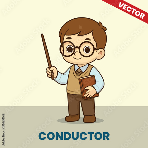  Cartoon of a Kid Conductor Holding Baton and Book - Vector Illustration for Music Leadership Career Concept