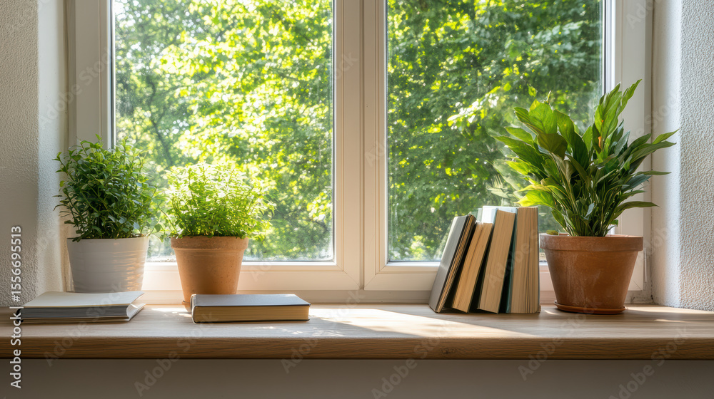 Fototapeta premium Potted plants and books on windowsill create serene atmosphere with natural light
