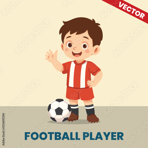 Vector Illustration of Cute Boy as Football Player – Cartoon Soccer Kid with Ball and Striped Jersey