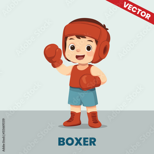 Vector Illustration of Cute Boy as Boxer – Cartoon Kid with Gloves in Red Sport Outfit