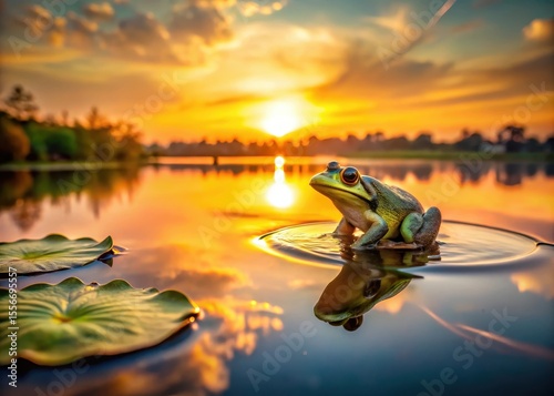 A frog sitting on a water lily pad in the middle of a serene lake at sunset