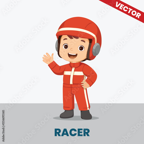 Vector Illustration of Cute Boy as Racer – Cartoon Kid Wearing Red Helmet and Racing Suit