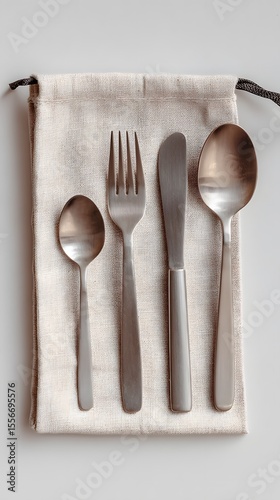 Stainless steel cutlery set in linen pouch flatlay