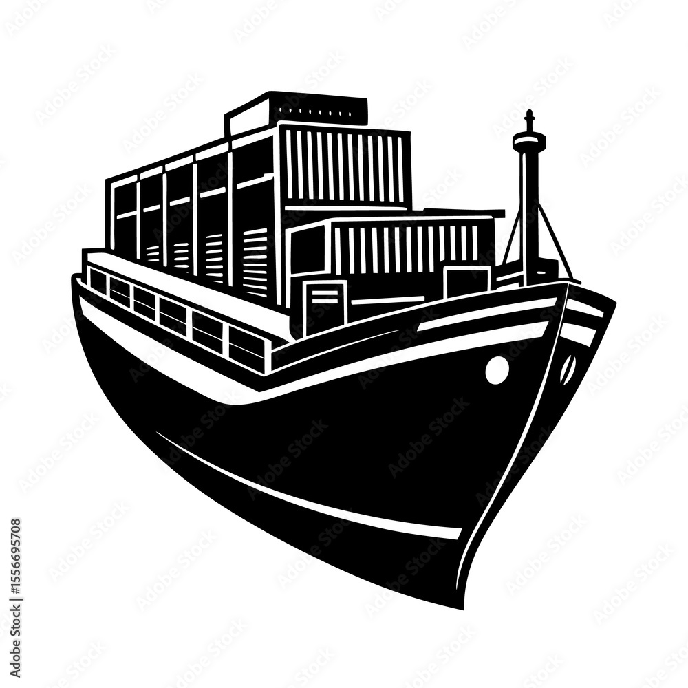 Fototapeta premium Container Ship Vector Silhouette on White Background