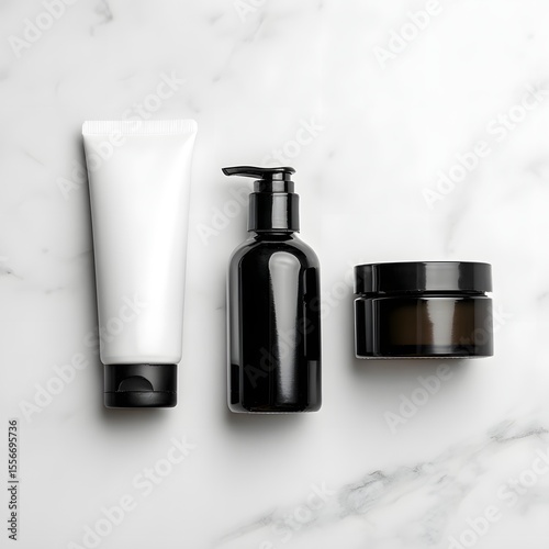 Black cosmetic containers on marble background