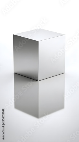 Shiny chrome cube on clean reflective surface