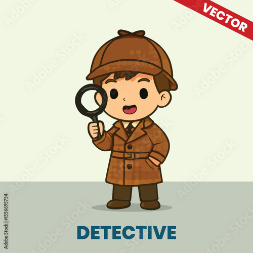 Detective Costume Cartoon Kid Holding Magnifying Glass Vector Art