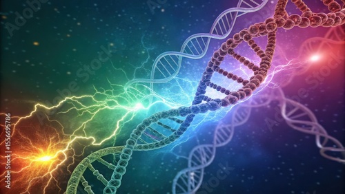 Colorful DNA Structure With Electric Spark Elements in A Stunning Abstract Background