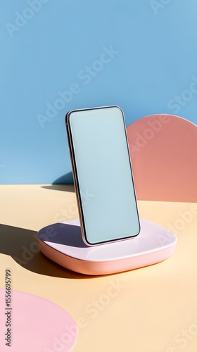 Smartphone floating on pastel platform mockup