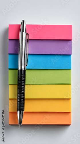 Colorful sticky note pad stack with pen on top