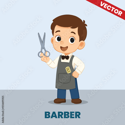 Adorable Cartoon of a Kid Dressed as a Barber Holding Scissors - Vector Art for Children’s Career Exploration