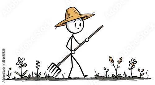 Vector Cartoon Stick Figure Farmer or Gardener Holding Pitchfork – Conceptual Illustration