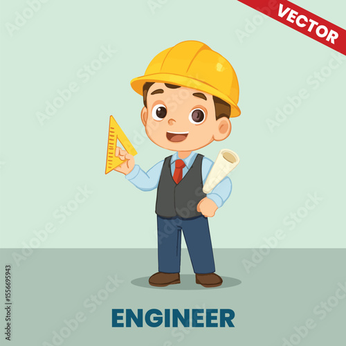 Vector Cartoon of a Kid Dressed as an Engineer with Helmet and Tools - STEM Career Concept for Children’s Learning