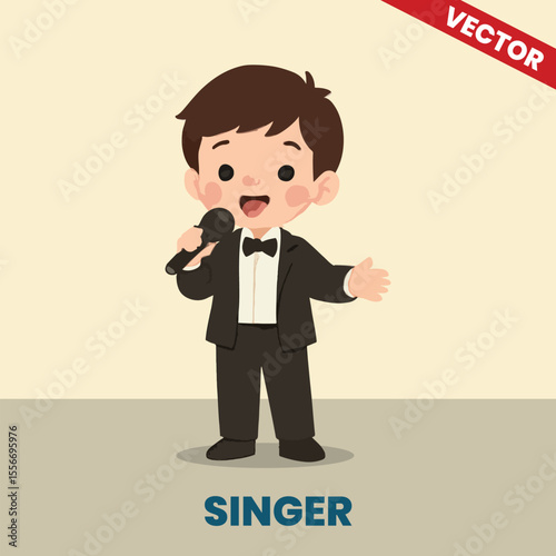 Cute Cartoon Vector of a Kid Singing with Microphone in Tuxedo - Performing Arts Career Concept for Children’s Roleplay
