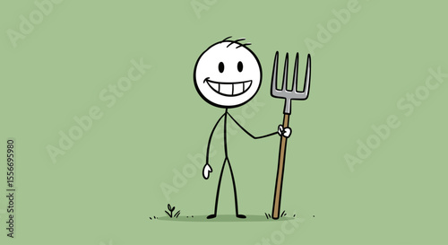 Vector Cartoon Stick Figure Farmer or Gardener Holding Pitchfork – Conceptual Illustration