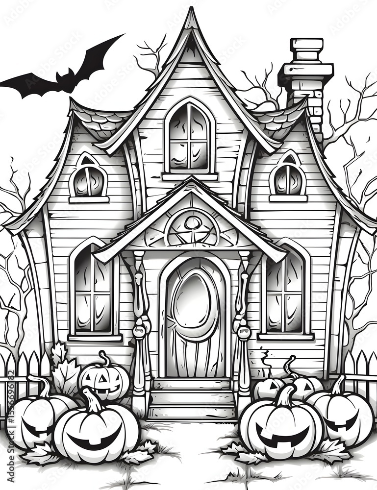 Fototapeta premium Halloween scary house coloring page design
