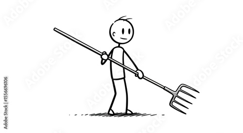 Vector Cartoon Stick Figure Farmer or Gardener Holding Pitchfork – Conceptual Illustration