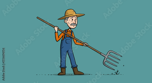 Vector Cartoon Stick Figure Farmer or Gardener Holding Pitchfork – Conceptual Illustration