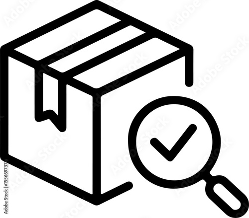 Package inspection and quality control with magnifying glass and checkmark icon
