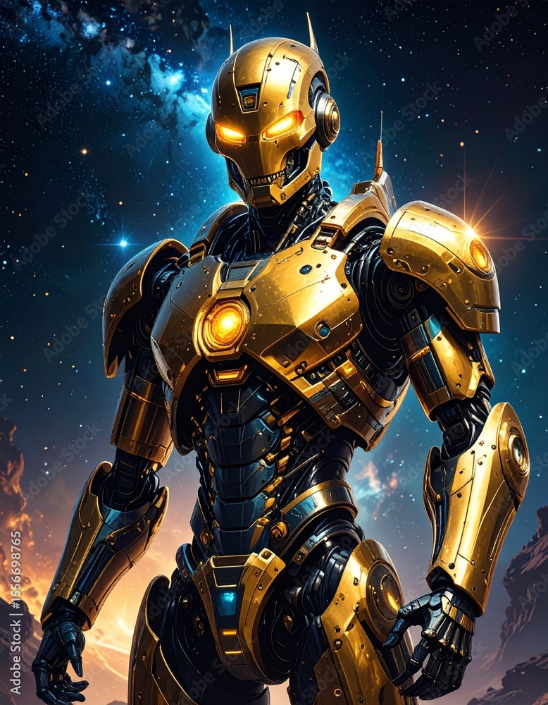 Fototapeta premium Robot with exoskeleton standing before a galaxy with radiant gold glow and textures