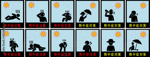 熱中症予防と症状を伝える黄色背景の注意喚起ピクトグラムセット｜熱中症,予防,ピクトグラム
