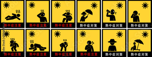熱中症予防と症状を伝える黄色背景の注意喚起ピクトグラムセット｜熱中症,予防,ピクトグラム