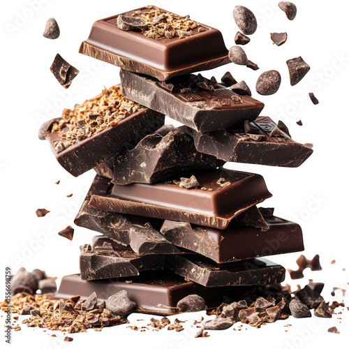 Various types of chocolate falling with choc flake in the air isolated on transparent background, dessert sweet concept, piece of dark chocolate