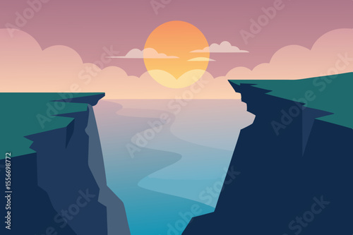 Flat design illustration of a serene sunset over a calm river between two cliffs