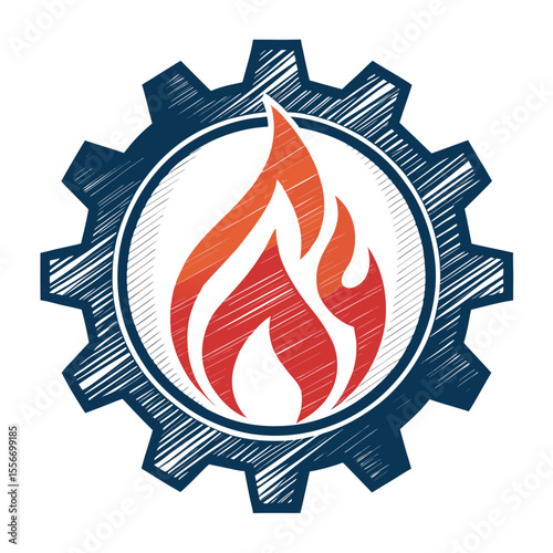 Fiery gear icon, symbolizing energy production. Mechanical fire, vibrant colors, sleek design, isolated.