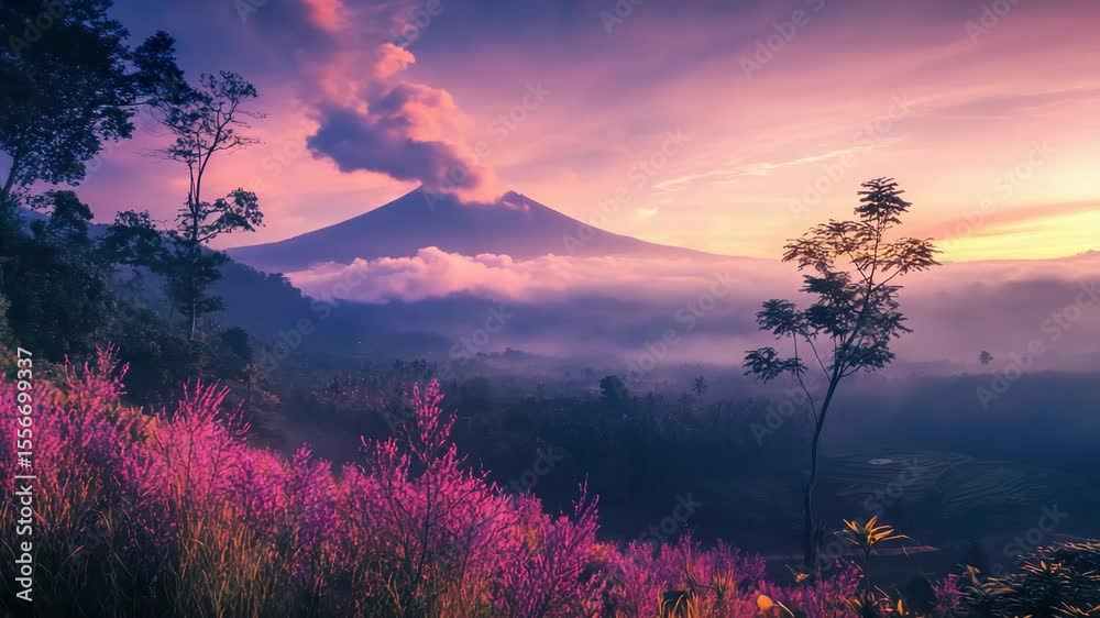 A mountain with flowers in the fore and a volcano in the background