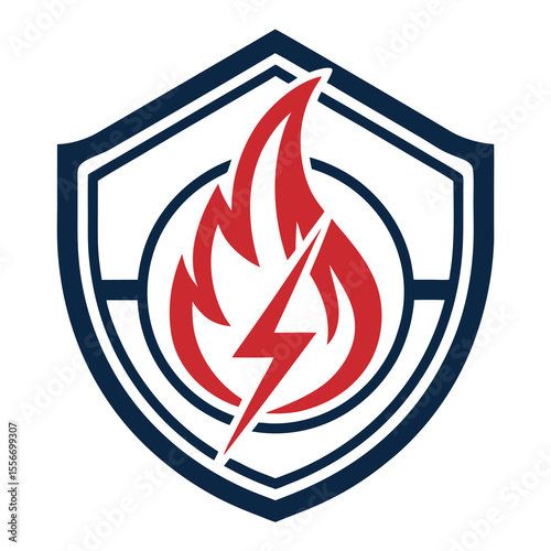 Fiery badge logo flame intertwined with lightning bolt. Fusion symbol, modern, vibrant design, energy, power emblem.
