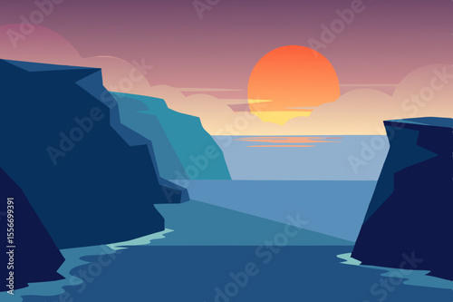 Geometric landscape of a sunset over the ocean with jagged cliffs