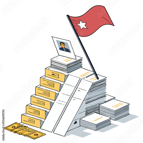 Flag planted atop stacked resumes. Winning, career victory, job search success metaphor. Competition.