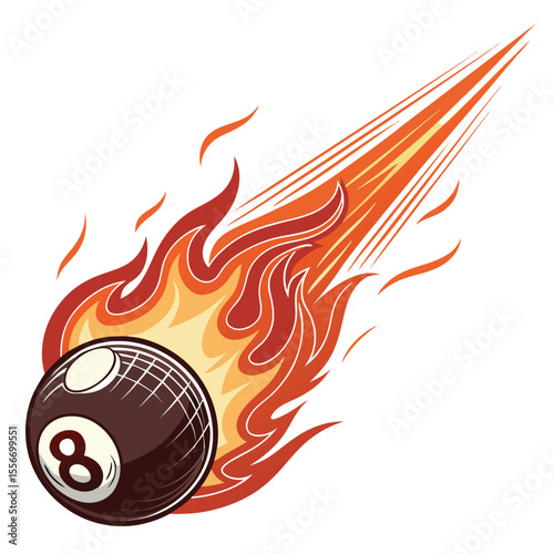 Fiery cue ball hurtling, burning, blazing, hot. Motion lines show extreme speed and impact.