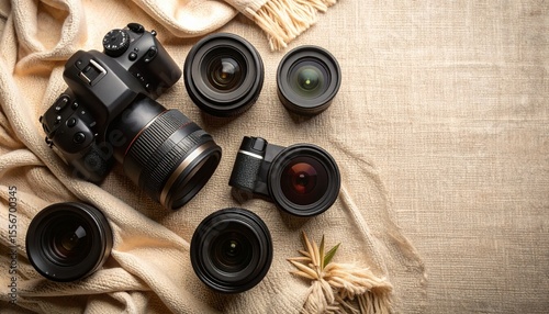 Warm colored flat lay of photography gear including camera and lenses on linen background