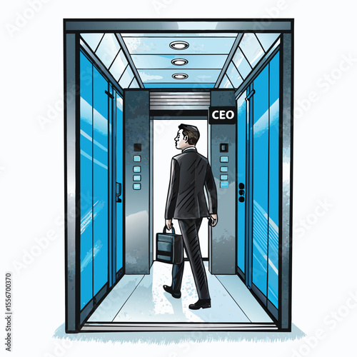 A sleek, futuristic elevator ascends, carrying a man towards the CEO's office at the top of a gleaming skyscraper.