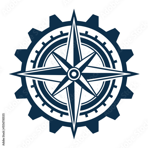Gear compass fusion logo mechanical cogwheel integrating navigation tool. Industrial design concept art.