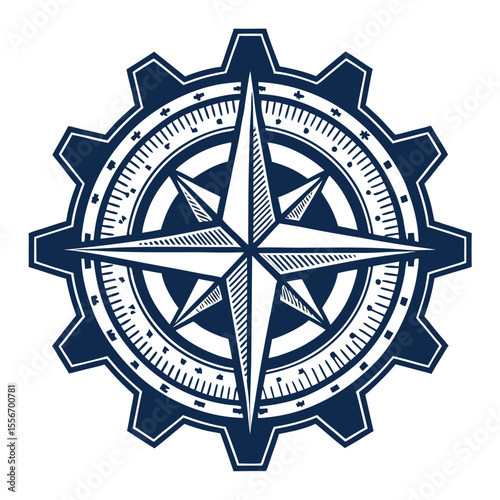 Gear and compass blend logo, mechanical, navigation, precision, direction, exploration, industry icon.