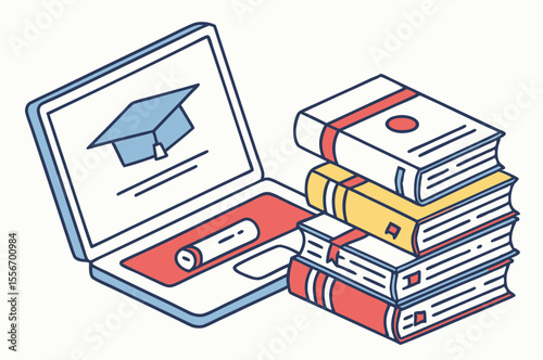 Vector Illustration of Laptop with Stack of Colorful Books for Online Learning and Education