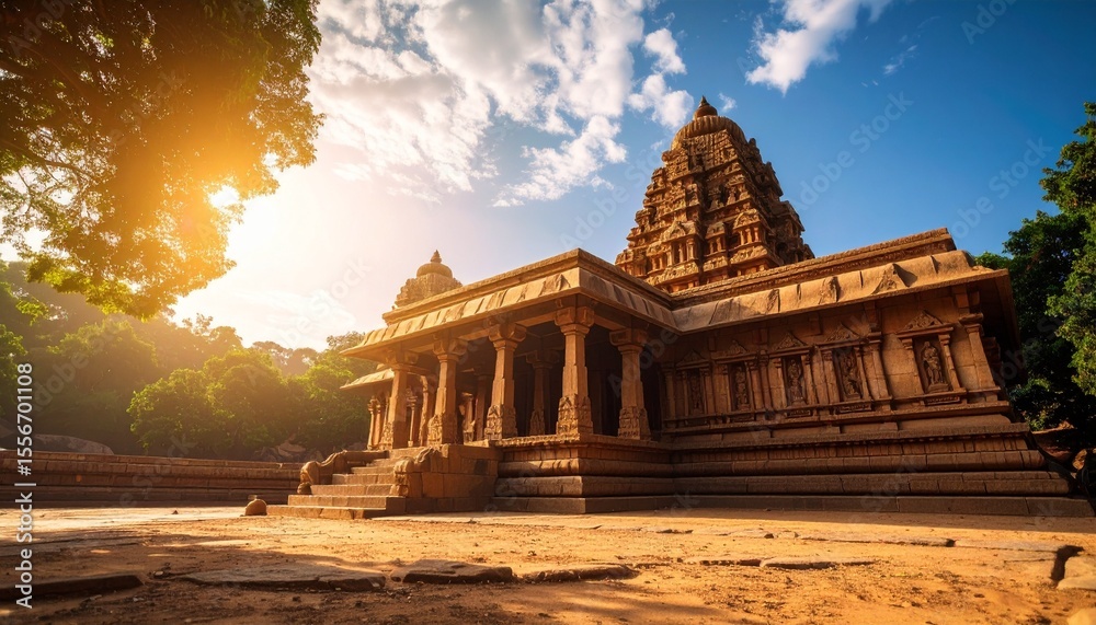 Fototapeta premium Majestic temple situated in a park captured from a worms eye angle with natural surroundings