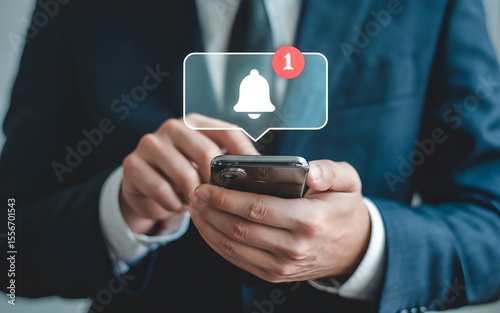 Close up of a businessman wearing a suit holding a smartphone with a notification bell icon and a red circle with the number one on the screen
