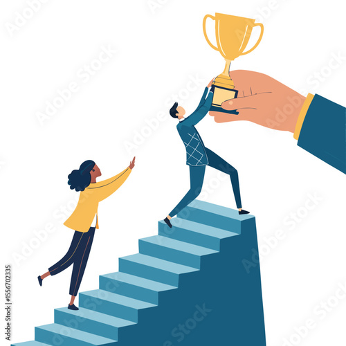 Hand elevates person towards a trophy atop a mountain. Symbolism of success, achievement, and teamwork.