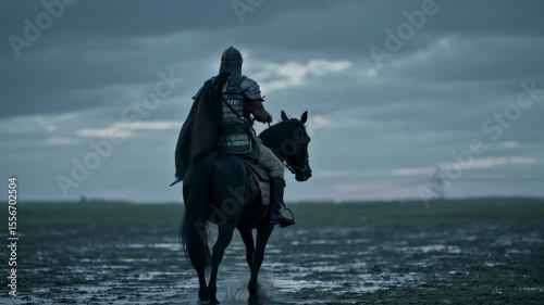 Medieval Knight on Horseback Riding Through a Stormy Landscape.