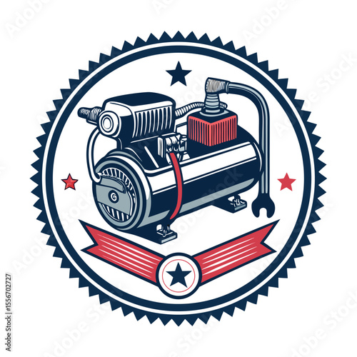 Air compressor, hose in a badge, wrench rim. Industrial emblem. Detailed illustration.