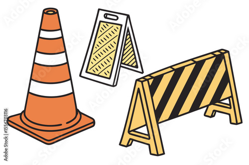 Flat Vector Road Safety Illustration with Traffic Cone and Warning Signs